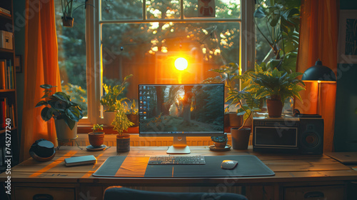 Conceptual workplace, computer on wooden home office desk during sunset. Concept of online work, modern technology and working home office.