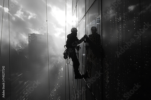  a man on a rope washes windows in of a skyscraper 
