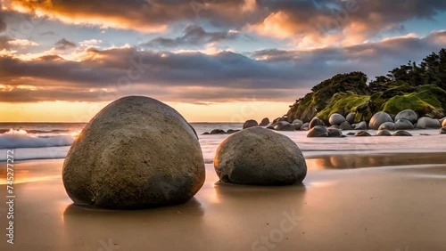 Moeraki Boulders on Koekohe Beach in New Zealand