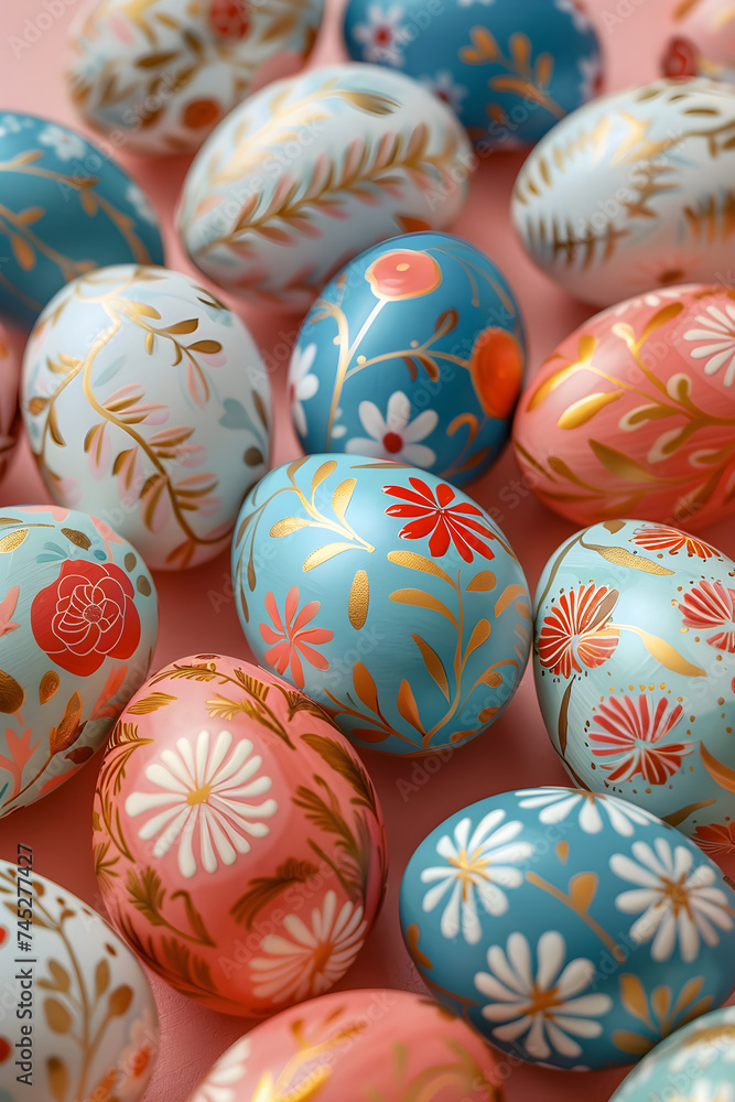 Easter painted eggs. Colorful easter eggs with natural floral patterns on pink background. Happy Easter pattern concept. Flat lay banner. Top view design for spring banner, card, poster, ads. Easter painted eggs. Colorful easter eggs with natural floral patterns on pink background. Happy Easter pattern concept. Flat lay banner. Top view design for spring banner, card, poster, ads.