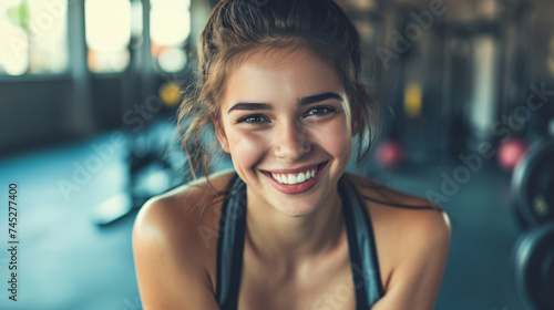 In the gym, a smiling, fit woman epitomizes wellness and a commitment to a healthy lifestyle. Her positive attitude and dedication to fitness inspire others to prioritize their health and well-being.
