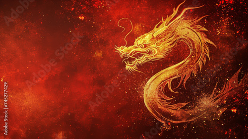 A magnificent golden dragon, intricately adorned, commands attention against a vibrant red background, offering generous copy space for captivating designs or messages.