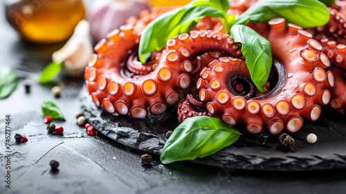 A delectable dish of grilled octopus is presented, showcasing charred edges and succulent tentacles, offering a tantalizing taste of seafood perfection and culinary mastery.
