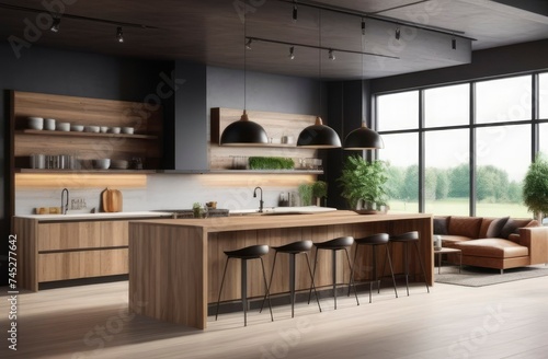 Beautiful modern kitchen room interior in loft style