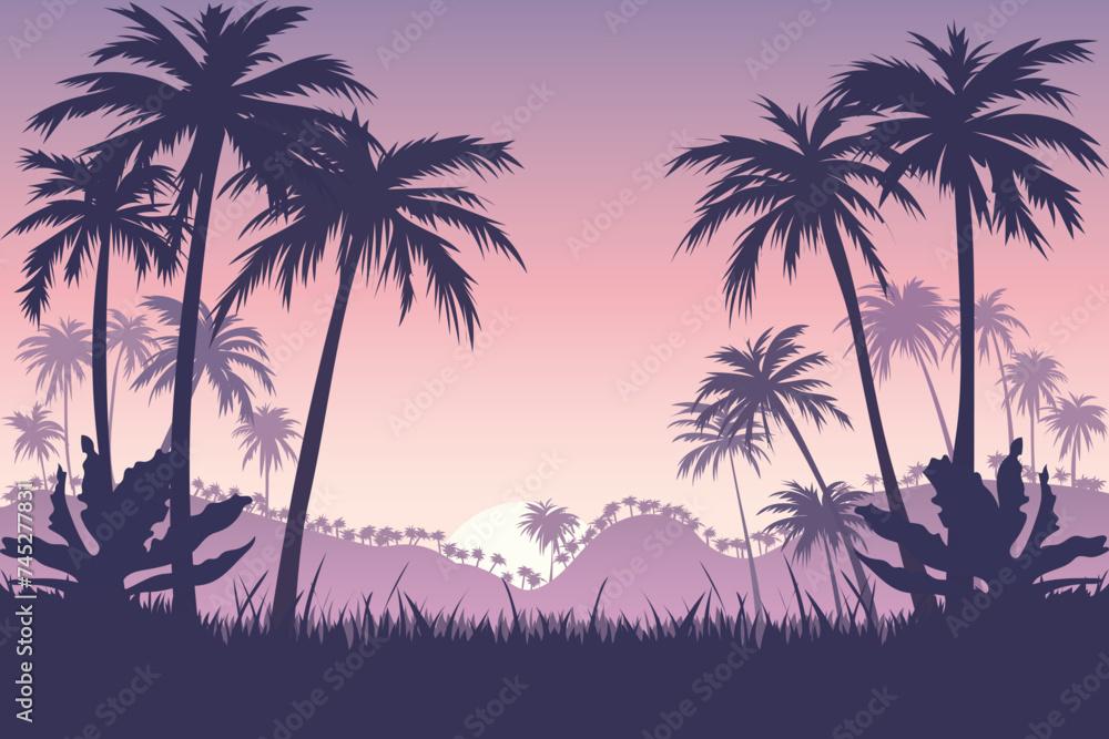 Vector illustration of a tropical landscape with silhouettes of palm trees. Paradise sunset on a tropical island with silhouettes of mountains, hills, palm trees, exotic plants and grass.