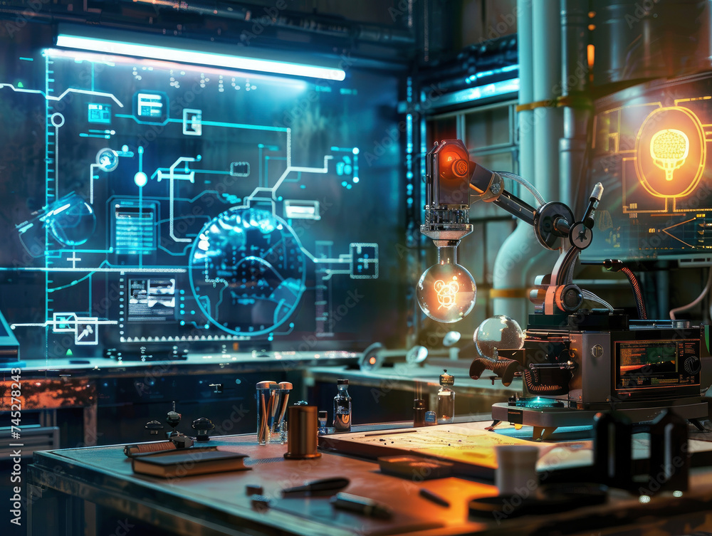 An inventors lab in 2100 with quantum computers and holographic blueprints birthing machines that dream An inventors lab in 2100 with quantum computers and holographic blueprints birthing machines that dream