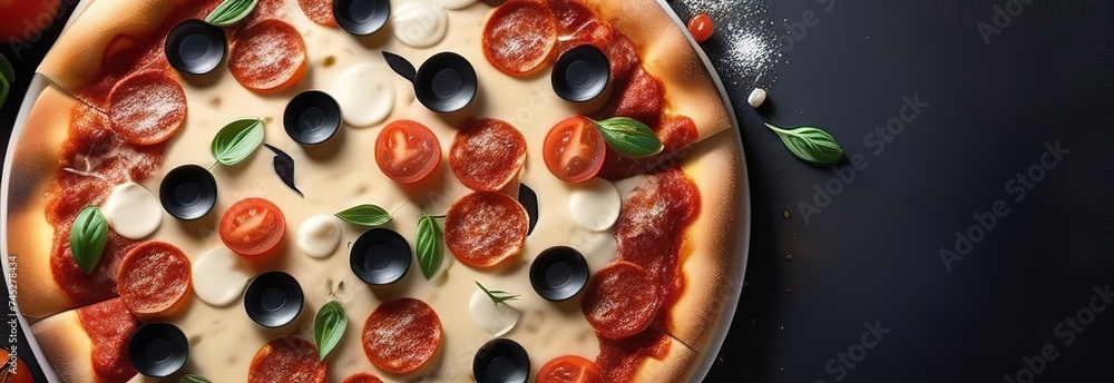 tasty pizza, top view. Beautiful background for national pizza day, italian restaurant menu or pizzeria. Traditional Italian food. National pizza day tasty pizza, top view. Beautiful background for national pizza day, italian restaurant menu or pizzeria. Traditional Italian food. National pizza day