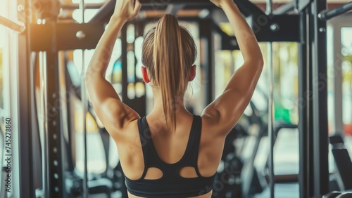 Back of a woman in black sportswear diligently engages with a multistation at the gym targeting her arm and shoulder muscles with purposeful exercises.