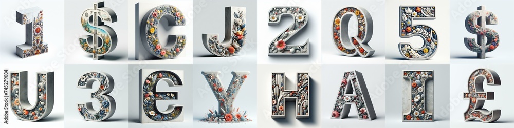 Naklejka premium Concrete letters blens with flowers shape 3D Lettering Typeface. AI generated illustration