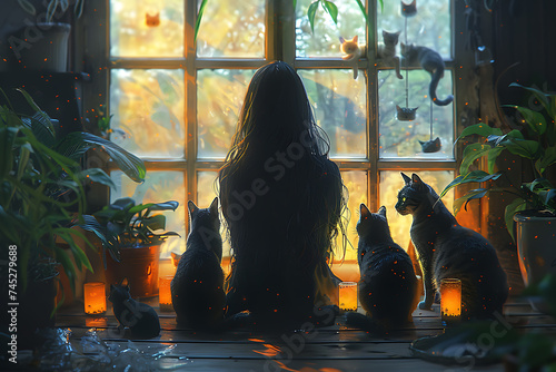 beautiful woman sitting with her cats at home