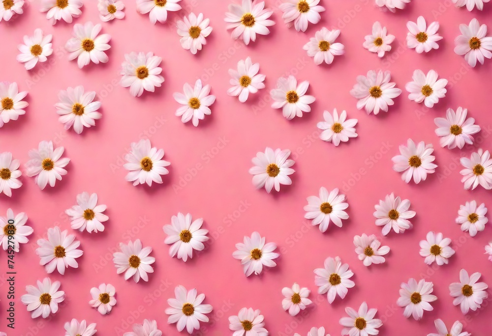 Flower blossom pattern on pink background. Top view-