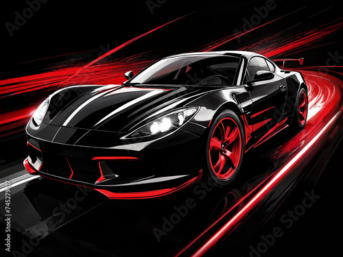 Sports car sketch illustration with dynamic abstract lines on the background.. © Roman
