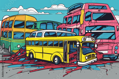 a broken bus and car in an accident