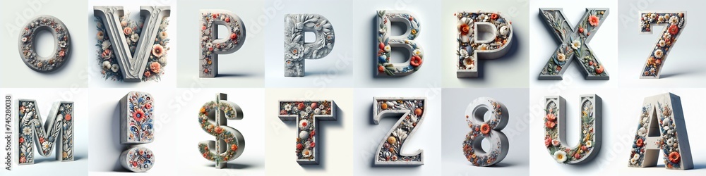 Concrete letters blens with flowers shape 3D Lettering Typeface. AI generated illustration Concrete letters blens with flowers shape 3D Lettering Typeface. AI generated illustration