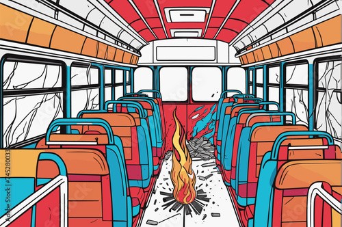 a broken bus interior with fire in an accident 