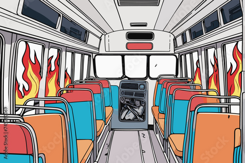 a broken bus interior with fire in an accident 