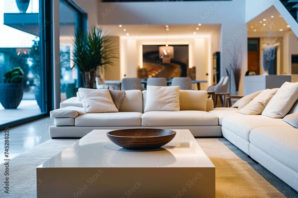 Stylish minimalist interior of a living room of a modern apartment with a beige sofa Stylish minimalist interior of a living room of a modern apartment with a beige sofa