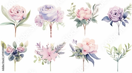 Set of watercolor illustrations with wedding boutonnieres. Botanical illustration on white background for wedding, congratulations, wallpapers, fashion, backdrops, wrappers, print