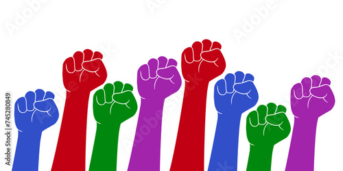 Hand up concept of revolution or protest, raised fists, clenched fist hand. Raised fist - symbol of victory, protest, strength, power and solidarity icon, fight for rights
