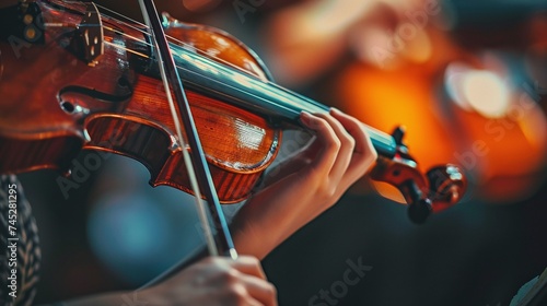 detailed view of violin cords providing a harmonious classical music background photo