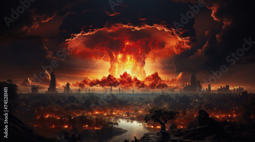 Atomic Bomb Explosion. Shock wave and mushroom cloud