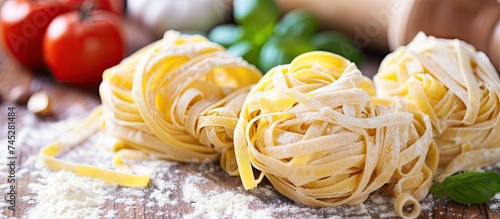 A close-up view of delicious homemade pasta laid out on a wooden table  showcasing the intricate textures and shapes of the noodles.