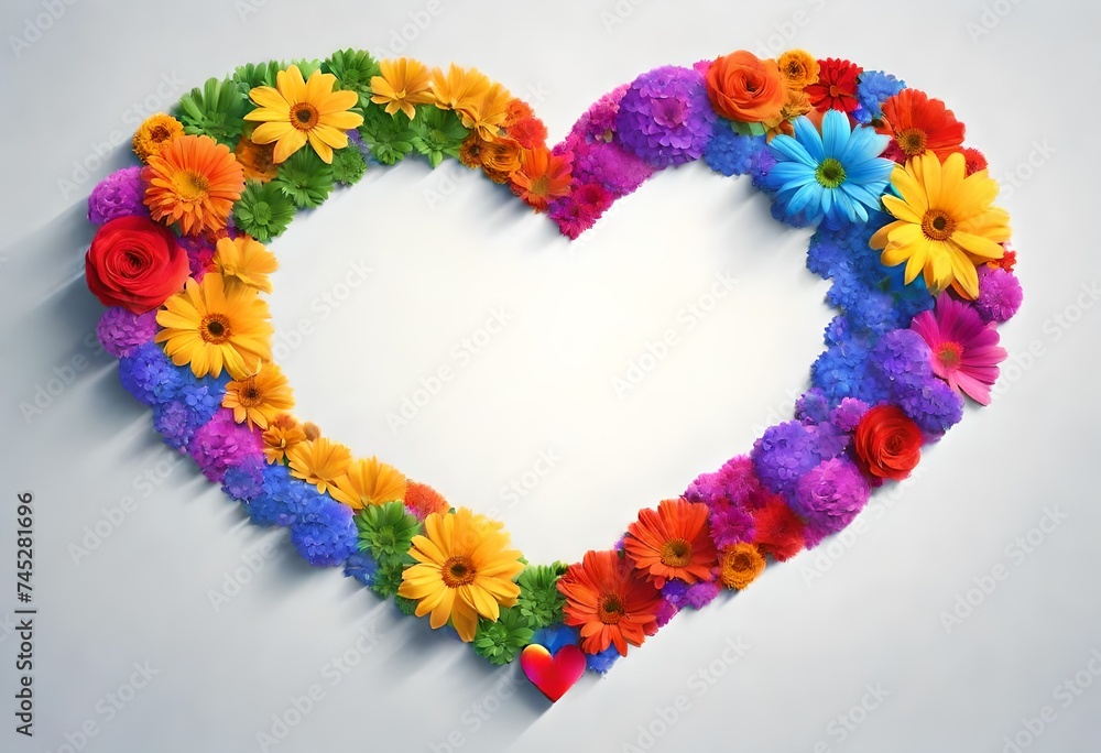 Rainbow color heart made of flowers isolated on white background. This illustration represents concept of love for LGBTQ, gay, lesbian, pride and bisexsual. Digital illustration-