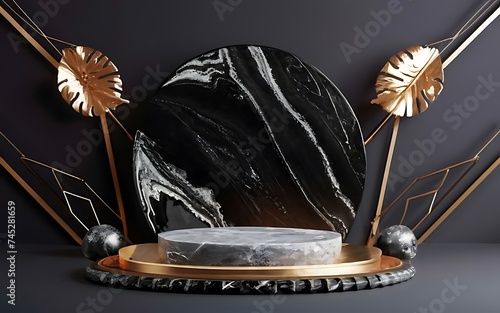 Midnight black podium with silver leaf patterns and black marble base. 3d stage for product display. an abstract platform for product presentation. podium for advertising. Empty pedestal 3D model