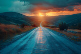 Picturesque landscape scene and sunrise above road
