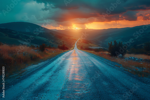 Picturesque landscape scene and sunrise above road 