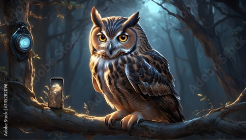 A majestic owl perched on a tree branch, its piercing gaze fixed on a glowing phone screen. The elegant creature seems to be lost in the digital world, captured in a stunning digital painting. photo