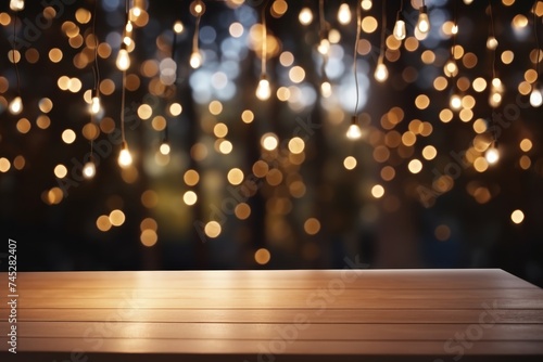 Outdoor string lights hanging on tree in garden at night, fairy lights on wood table top