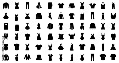 Set of women and man dress icons, clothes modern icon, female and male fashion, fashion wardrobe, dress isolated silhouettes of men and women clothing