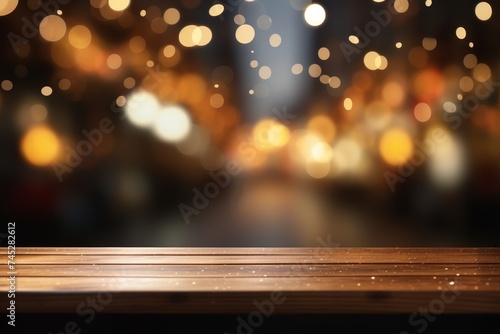 Outdoor string lights on wood table top in garden at night - fairy lights with bokeh background