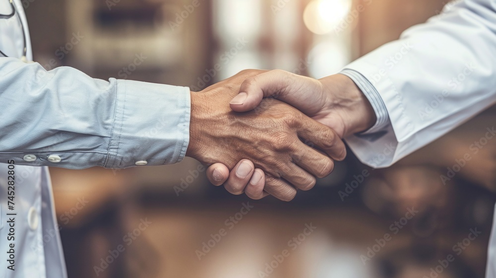 healthcare professionalism depicted through a close-up of a doctor offering a handshake to a patient in the cabinet after a successful treatment discussion healthcare professionalism depicted through a close-up of a doctor offering a handshake to a patient in the cabinet after a successful treatment discussion