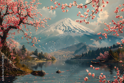 majestically blooming large cherry trees, sakura with a view of Mount Fuji 