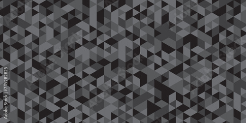 Abstract geometric black and gray background seamless mosaic and low polygon triangle texture wallpaper. Triangle shape retro wall grid pattern geometric ornament tile vector square element.