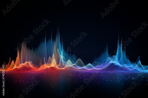 A mesmerizing display unfolds: a vivid sound wave visualization dancing across a deep blue canvas, creating a captivating fusion of color and auditory rhythm in a cosmic symphony