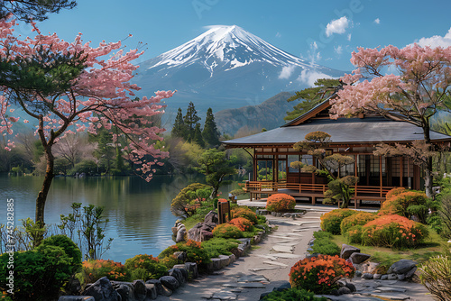 majestically blooming large cherry trees, sakura with a view of Mount Fuji
 photo
