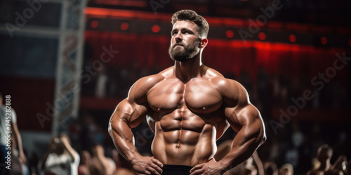 Powerful Athletic Male: A Handsome Caucasian Bodybuilder Exuding Strength and Confidence in Fitness, Muscles Ripped, Abs Chiseled, Biceps Bulging, Posing Against a Gym Background.