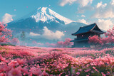 majestically blooming large cherry trees, sakura with a view of Mount Fuji
