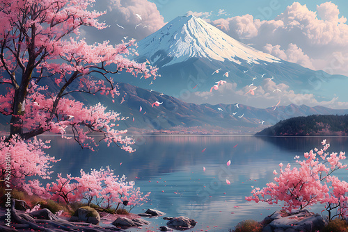 majestically blooming large cherry trees  sakura with a view of Mount Fuji 