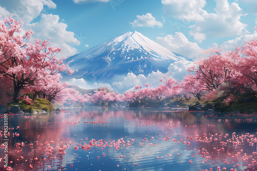 majestically blooming large cherry trees  sakura with a view of Mount Fuji 