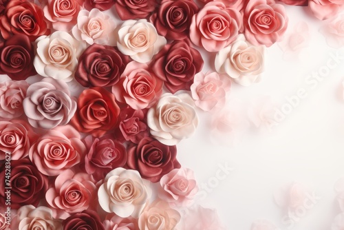 Red roses bouquet on pastel background for birthday  womens day  mothers day. Flat lay  top view.