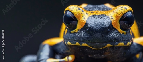 A detailed view of a Dendrobates leucomelas, a poison dart frog with vibrant yellow bands and black markings, resembling a bumblebee. The frogs intricate patterns and colors are showcased in this