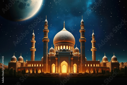 generated illustration of a big mosque on Blue full moon in night background.