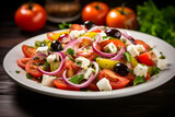 Bright and Fresh Greek Salad Served on White Ceramic Plate - Sumptuous Visual Delight for Mediterranean Cuisine Lovers