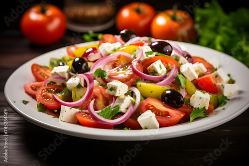 Bright and Fresh Greek Salad Served on White Ceramic Plate - Sumptuous Visual Delight for Mediterranean Cuisine Lovers