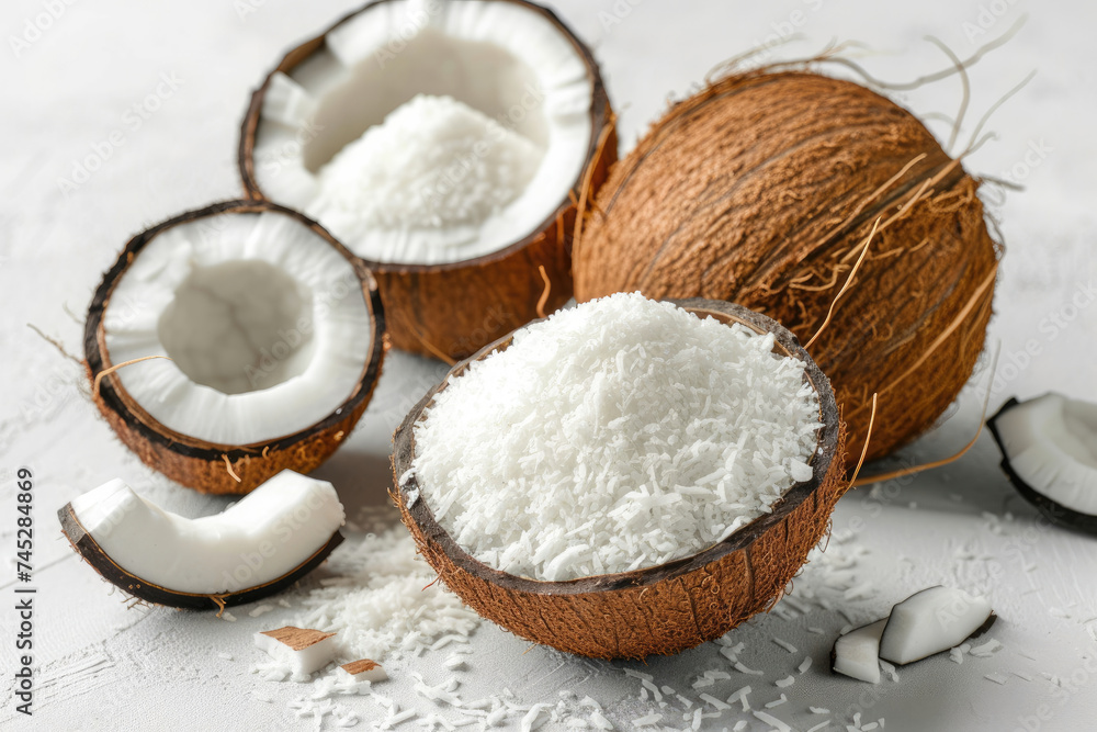 Coconuts and Coconut Oil on a White Surface Coconuts and Coconut Oil on a White Surface