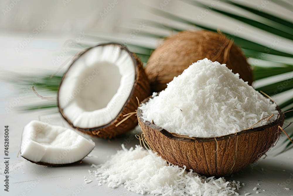 Coconuts and Coconut Oil on a Table Coconuts and Coconut Oil on a Table